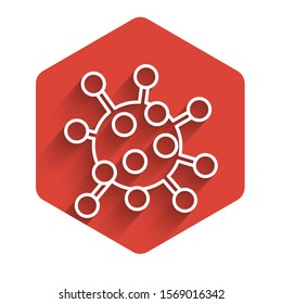 White line Bacteria icon isolated with long shadow. Bacteria and germs, microorganism disease causing, cell cancer, microbe, virus, fungi. Red hexagon button. Vector Illustration