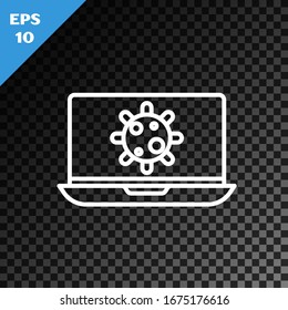 White line Bacteria on laptop icon isolated on transparent dark background. Bacteria and germs, cell cancer, microbe, virus, fungi.  Vector Illustration