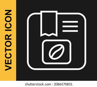 White line Bag of coffee beans icon isolated on black background.  Vector