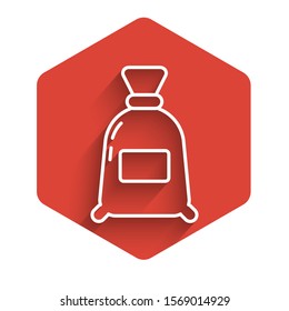 White line Bag of flour icon isolated with long shadow. Red hexagon button. Vector Illustration