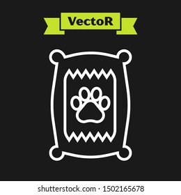 White line Bag of food for dog icon isolated on black background. Dog or cat paw print. Food for animals. Pet food package.  Vector Illustration