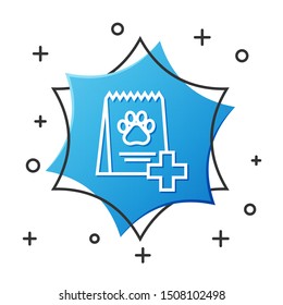 White line Bag of food for dog icon isolated on white background. Dog or cat paw print. Food for animals. Pet food package. Blue hexagon button. Vector Illustration