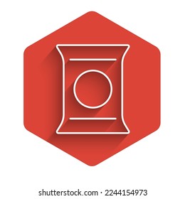 White line Bag or packet potato chips icon isolated with long shadow. Red hexagon button. Vector