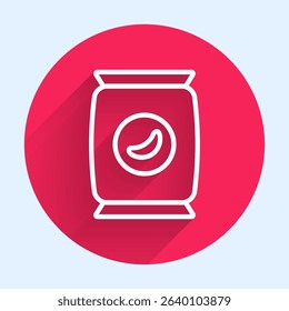 White line Bag or packet potato chips icon isolated with long shadow. Red circle button. Vector Illustration
