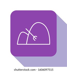 White line Bale of hay and rake icon isolated on white background. Purple square button. Vector Illustration