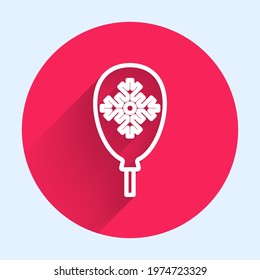 White line Balloon with snowflake icon isolated with long shadow. Merry Christmas and Happy New Year. Red circle button. Vector