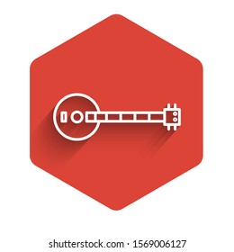 White line Banjo icon isolated with long shadow. Musical instrument. Red hexagon button. Vector Illustration