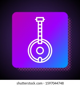 White line Banjo icon isolated on black background. Musical instrument. Square color button. Vector Illustration
