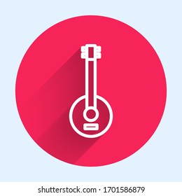 White line Banjo icon isolated with long shadow. Musical instrument. Red circle button. Vector Illustration