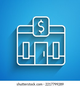 White Line Bank Building Icon Isolated On Blue Background. Long Shadow. Vector