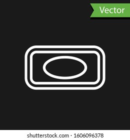 White line Bar of soap with foam icon isolated on black background. Soap bar with bubbles.  Vector Illustration