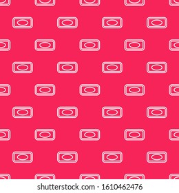 White line Bar of soap with foam icon isolated seamless pattern on red background. Soap bar with bubbles.  Vector Illustration