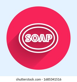 White line Bar of soap icon isolated with long shadow. Soap bar with bubbles. Red circle button. Vector Illustration