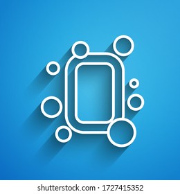 White line Bar of soap icon isolated on blue background. Soap bar with bubbles. Long shadow. Vector Illustration