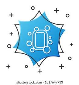 White line Bar of soap icon isolated on white background. Soap bar with bubbles. Blue hexagon button. Vector Illustration