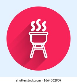 White line Barbecue grill icon isolated with long shadow. BBQ grill party. Red circle button. Vector Illustration