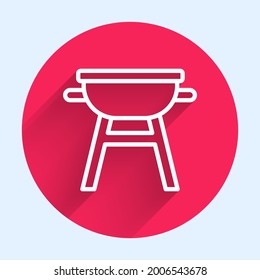 White line Barbecue grill icon isolated with long shadow. BBQ grill party. Red circle button. Vector