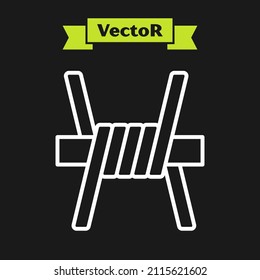White line Barbed wire icon isolated on black background.  Vector