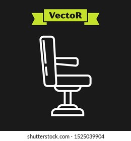 White line Barbershop chair icon isolated on black background. Barber armchair sign.  Vector Illustration