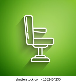 White line Barbershop chair icon isolated on green background. Barber armchair sign.  Vector Illustration