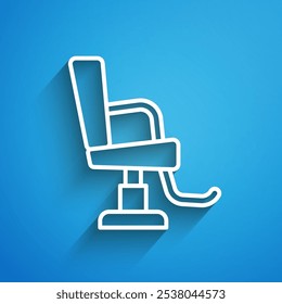 White line Barbershop chair icon isolated on blue background. Barber armchair sign. Long shadow. Vector