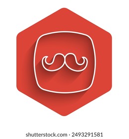 White line Barbershop icon isolated with long shadow background. Hairdresser logo or signboard. Red hexagon button. Vector