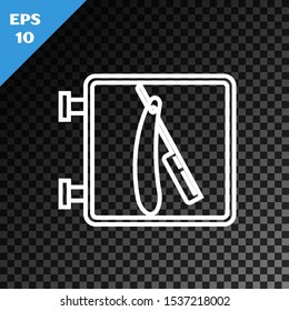 White line Barbershop with razor icon isolated on transparent dark background. Hairdresser logo or signboard.  Vector Illustration