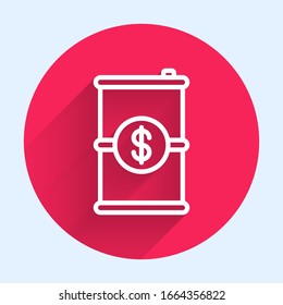 White line Barrel oil with dollar symbol icon isolated with long shadow. Red circle button. Vector Illustration