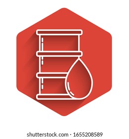 White line Barrel oil icon isolated with long shadow. Red hexagon button. Vector Illustration