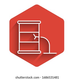 White line Barrel oil leak icon isolated with long shadow. Red hexagon button. Vector Illustration