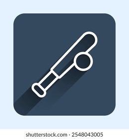 White line Baseball bat with ball icon isolated with long shadow background. Blue square button. Vector