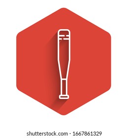 White line Baseball bat icon isolated with long shadow. Red hexagon button. Vector Illustration