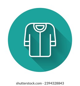 White line Baseball t-shirt icon isolated with long shadow background. Baseball jersey, sport uniform, raglan t-shirt sport. Green circle button. Vector