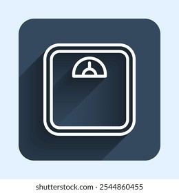 White line Bathroom scales icon isolated with long shadow background. Weight measure Equipment. Weight Scale fitness sport concept. Blue square button. Vector