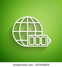 White line Battery charge level indicator with earth globe icon isolated on green background. World or Earth sign.  Vector Illustration