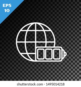 White line Battery charge level indicator with earth globe icon isolated on transparent dark background. World or Earth sign.  Vector Illustration