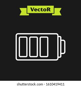 White line Battery charge level indicator icon isolated on black background.  Vector Illustration