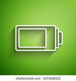 White line Battery charge level indicator icon isolated on green background.  Vector Illustration