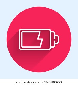 White line Battery charge level indicator icon isolated with long shadow. Red circle button. Vector Illustration