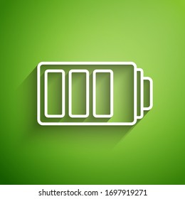 White line Battery charge level indicator icon isolated on green background.  Vector Illustration