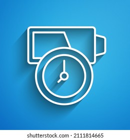 White line Battery charge level indicator icon isolated on blue background. Long shadow. Vector