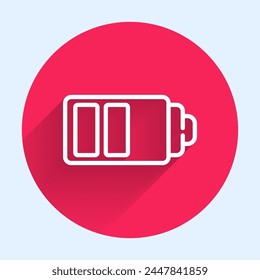 Weißes Symbol für die Batteriestandsanzeige mit langen Abbuchungen. Roter Kreis Button. Vektorillustration