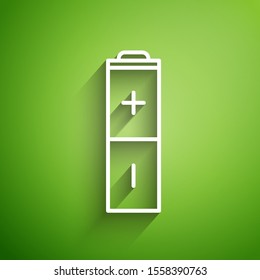 White line Battery icon isolated on green background. Lightning bolt symbol.  Vector Illustration