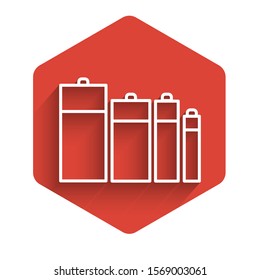 White line Battery icon isolated with long shadow. Lightning bolt symbol. Red hexagon button. Vector Illustration