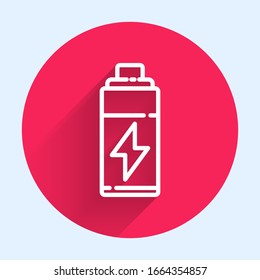 Icono de batería de línea blanca aislado con una sombra larga. Símbolo de rayo. Botón de círculo rojo. Ilustración vectorial