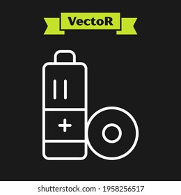 White line Battery icon isolated on black background. Lightning bolt symbol.  Vector
