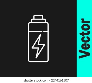 White line Battery icon isolated on black background. Lightning bolt symbol.  Vector