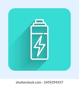 White line Battery icon isolated with long shadow. Lightning bolt symbol. Green square button. Vector