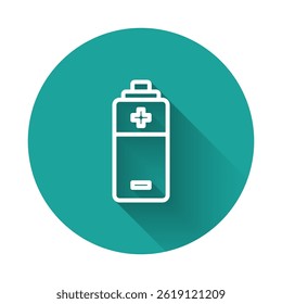 White line Battery icon isolated with long shadow background. Lightning bolt symbol. Green circle button. Vector