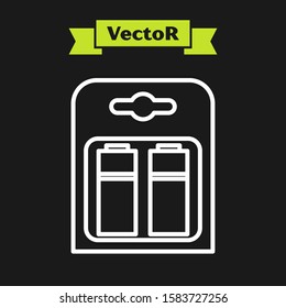 White line Battery in pack icon isolated on black background. Lightning bolt symbol.  Vector Illustration